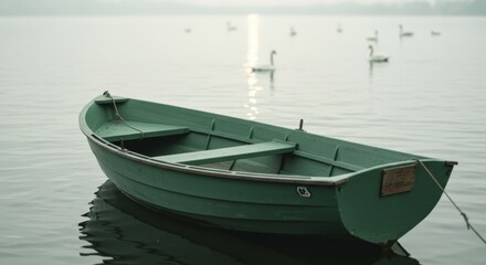 Fototapeta premium Green rowboat floats peacefully on calm water with distant markers.