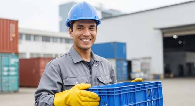 Warehouse Worker Smiling Holding Blue Crate Wearing Hard Hat and Gloves Stock Photo
