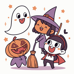 Cute Halloween Cartoon Illustration with Witch, Ghost, Pumpkin and Autumn Leaves – Kawaii Style for Kids