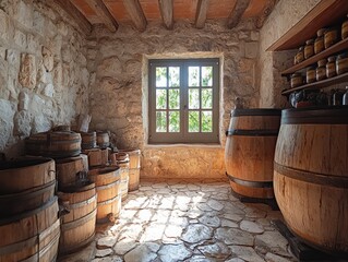 A rustic stone cellar filled with aged wooden barrels, illuminated by sunlight streaming through a gridded window, evoking a sense of timeless tradition and historical charm.