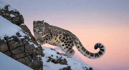 Fototapeta premium Snow Leopard on Snowy Mountain Slope at Dusk Wildlife in its Natural Habitat 