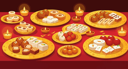 Vibrant Indian Sweets Assortment with Decorative Diyas on Festive Red Tablecloth