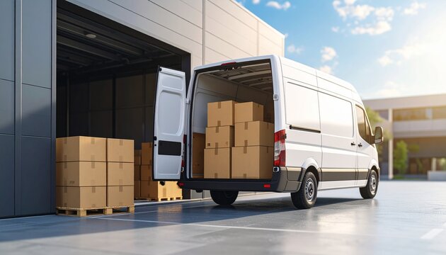 A white delivery van with an open door is being loaded with cardboard box parcels outside a modern logistics warehouse on a sunny day.