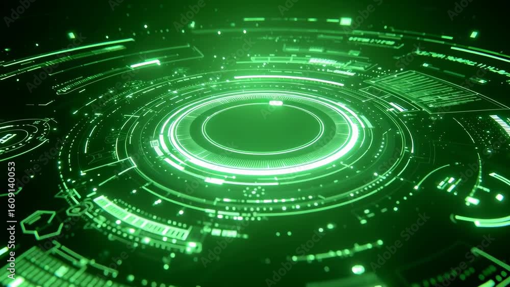 Poster futuristic high-tech hud interface elements with vibrant green glows on a dark background