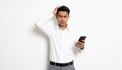 Young man in shirt looking confused while holding a smartphone, scratching his head against a white background.