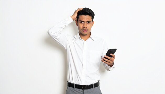 Young man in shirt looking confused while holding a smartphone, scratching his head against a white background.