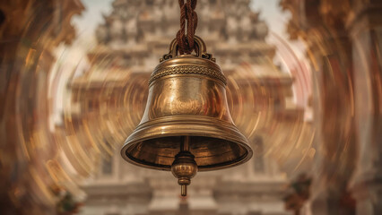 macro shot of swinging brass temple bell in motion, clapper blurred, with saffron-vermilion soundwave overlays. Temple backdrop, rich textures, and a blend of tradition and sensory design.