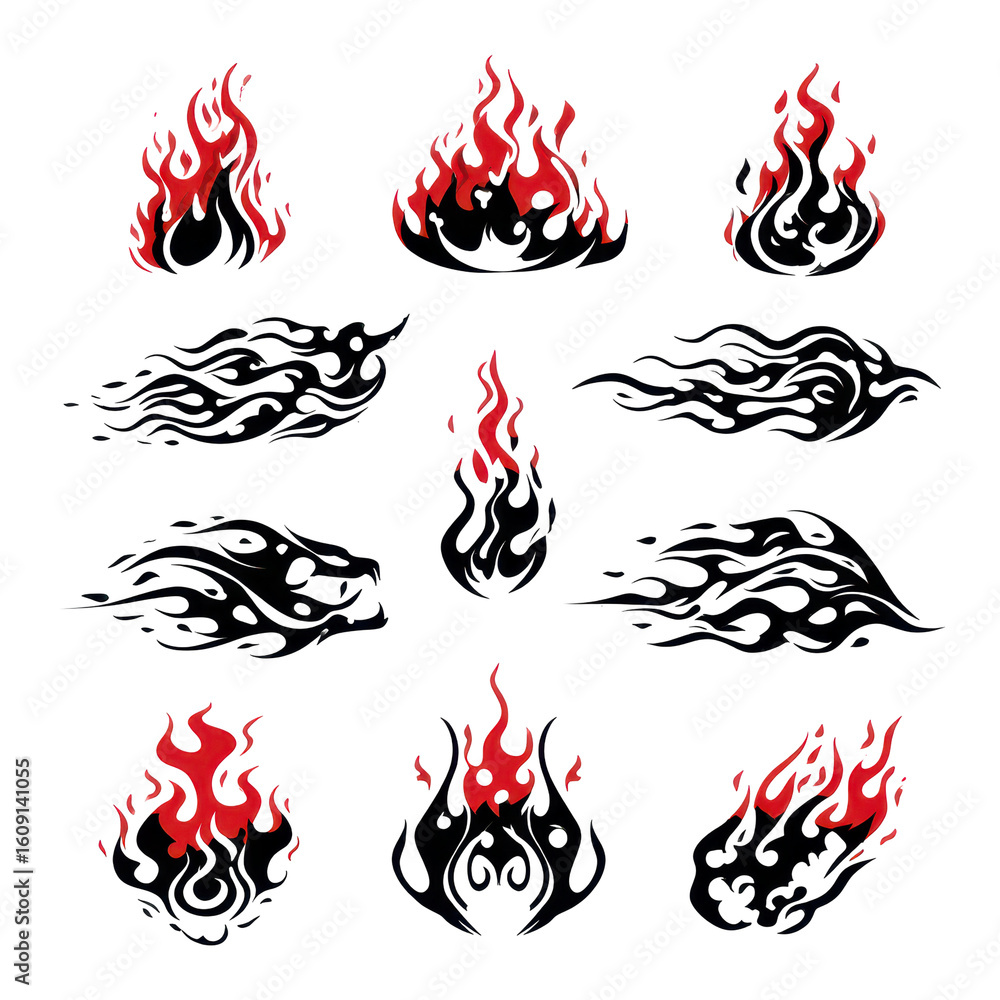 Poster various flame design graphics in black and red showcasing artistic fire patterns for creative projec