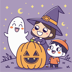 Cute Halloween Cartoon Illustration with Witch, Ghost, Pumpkin and Autumn Leaves – Kawaii Style for Kids
