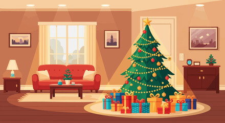 A festive living room scene decorated for the holidays with a Christmas tree and gifts