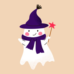 Cute ghost with witch hat and scarf holding magic wand. Funny Halloween character.  Vector illustration