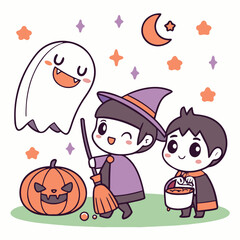 Cute Halloween Cartoon Illustration with Witch, Ghost, Pumpkin and Autumn Leaves – Kawaii Style for Kids