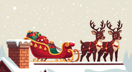 Fototapeta premium A festive holiday sleigh with a reindeer team on a snowy rooftop, vector graphic illustration