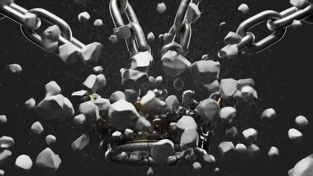 Metal chains breaking through a cluster of rocks, creating a powerful visual metaphor for overcoming obstacles.