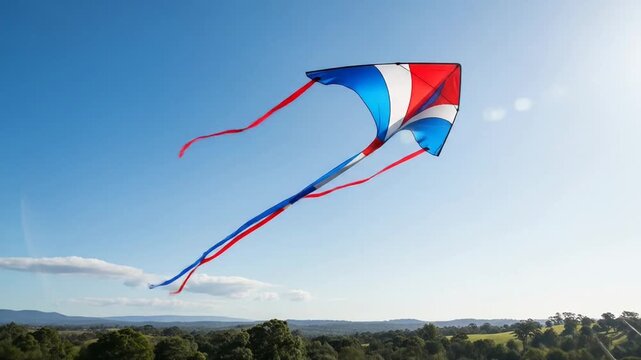 Colorful kite soaring high above a landscape under a clear blue sky.