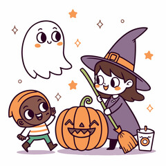 Cute Halloween Cartoon Illustration with Witch, Ghost, Pumpkin and Autumn Leaves – Kawaii Style for Kids
