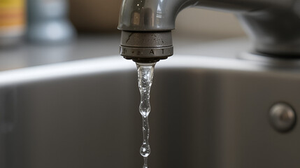 Water drips steadily from a leaky faucet into a sink, capturing a mundane yet relatable household occurrence.