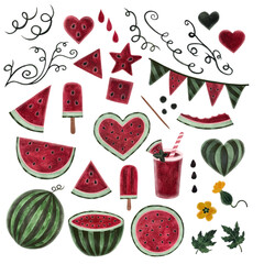 A watercolor collection of watermelon-themed elements including various watermelon slices, leaves, blossoms, curly stems, a whole watermelon, stylized hearts, flag garlands, and watermelon desserts on
