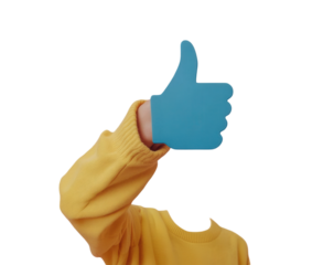 Express approval and positivity with a bright blue thumbs up symbol held by a person in a yellow sweater