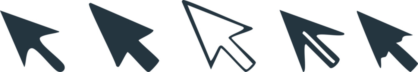 Vector Flat Mouse Cursor Icons with Solid and Hollow Variations, Evenly Spaced on White Background