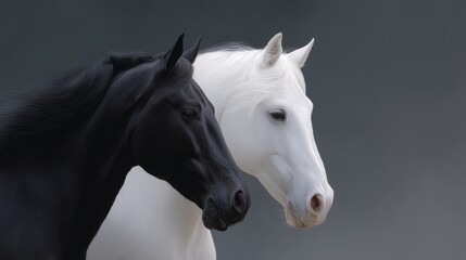 Majestic black and white horses stand side by side. Their beauty captures the essence of strength and elegance. This image embodies harmony in nature. Perfect for equine beauty. AI