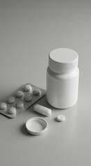 Pharmaceuticals with Pills and Container on Neutral Background