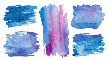  vibrant abstract blue and pink watercolor paint brush strokes with expressive flow and textured patterns on a transparent PNG background,