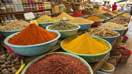 Fototapeta premium Colorful spice market with bowls of ground spices and whole herbs.