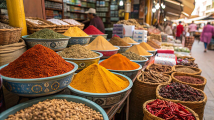 Fototapeta premium Colorful spice market with bowls of ground spices and whole herbs, top-down view