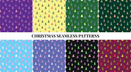 Vector set of seamless patterns with cute doodle-style Christmas trees. Perfect for kids’ crafts, winter cards, wrapping paper, textiles, and cheerful holiday decor, bright color