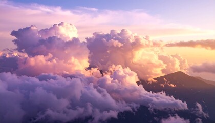Aerial view of sunset clouds over mountains.  Vast, fluffy clouds in hues of pink, purple, and orange, illuminated by the setting sun.  Mountaintops peek through the clouds