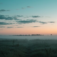 Fototapeta premium Mist-covered meadow at dawn with distant treeline