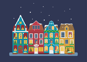 Vector illustration of european winter town. Flat design. Old houses.