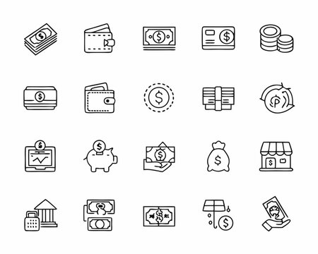 Collection of financial and money related line art icons