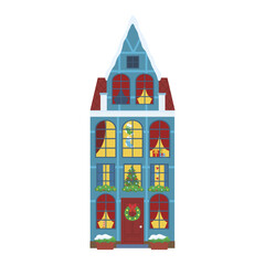 Winter Christmas european house vector flat illustration