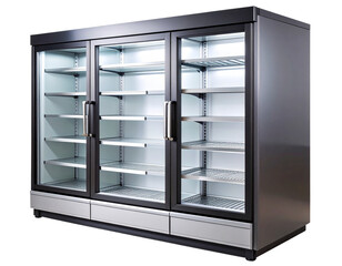 Modern Empty Refrigerated Display Case with Glass Doors, isolated on a transparent background