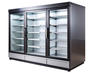 Modern Empty Refrigerated Display Case with Glass Doors, isolated on a transparent background