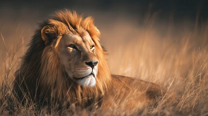 Fototapeta premium Majestic lion resting in golden grass under the warm sun in the African savanna during midday