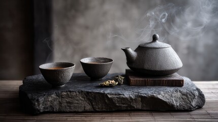 Elegant stoneware tea set displayed on a rustic wooden table under soft natural light in a cozy setting