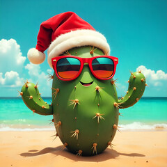 Funky Pop Art Christmas In Summer: Santa Cactus With Sunglasses And Santa Claus Hat In Bright Pastel Colors - Cool Holiday Creative Concept