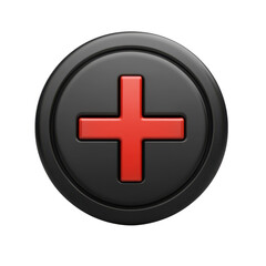 Obraz premium 3D round black button with red plus sign medical cross icon, glossy realistic UI element for app interface, healthcare emergency symbol for web and presentation isolated on Transparent Background