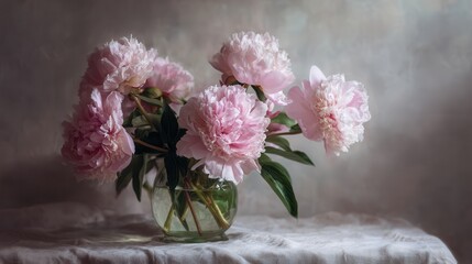 Obraz premium Elegant peonies in a glass vase on a textured tablecloth, showcasing soft pink hues in gentle morning light