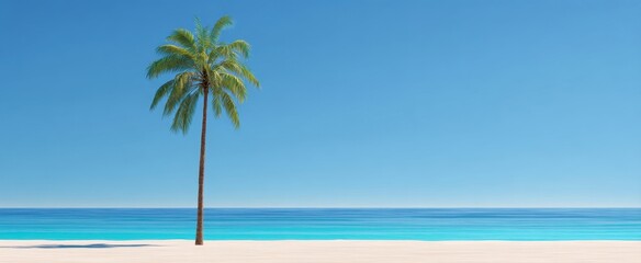 Fototapeta premium The serene palm tree standing alone on a tranquil beach with crystal-clear waters.