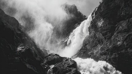 Majestic waterfall cascading down rocky cliffs in a misty forested landscape at dawn