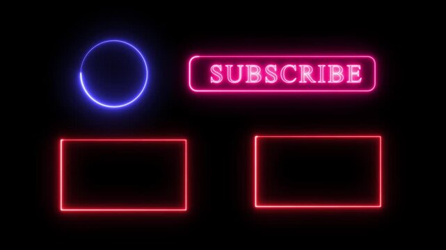 Neon glowing youtube end-screen template with subscribe button and video placeholders for modern video outro animation, futuristic digital frame design for content creators and streamers