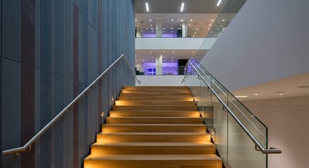 Modern staircase with wooden steps and glass railings in a contemporary building.