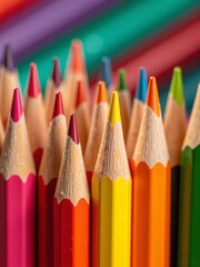 Fototapeta premium Close-up macro photograph of sharpened multicolored colored pencil tips arranged tightly with vibrant pigments and soft lighting, showcasing texture and symmetry for creative and education visuals