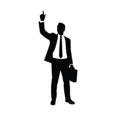 Silhouette of a businessman in a suit holding a briefcase and pointing upwards