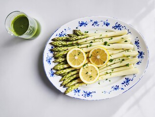 Fresh Asparagus with Lemon and Herb Sauce on Decorative Plate