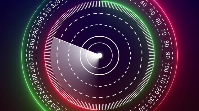 Abstract Digital Hud call Radar screen animation. Radar point to detect enemy position. Glowing Rader searching animation on dark background. 